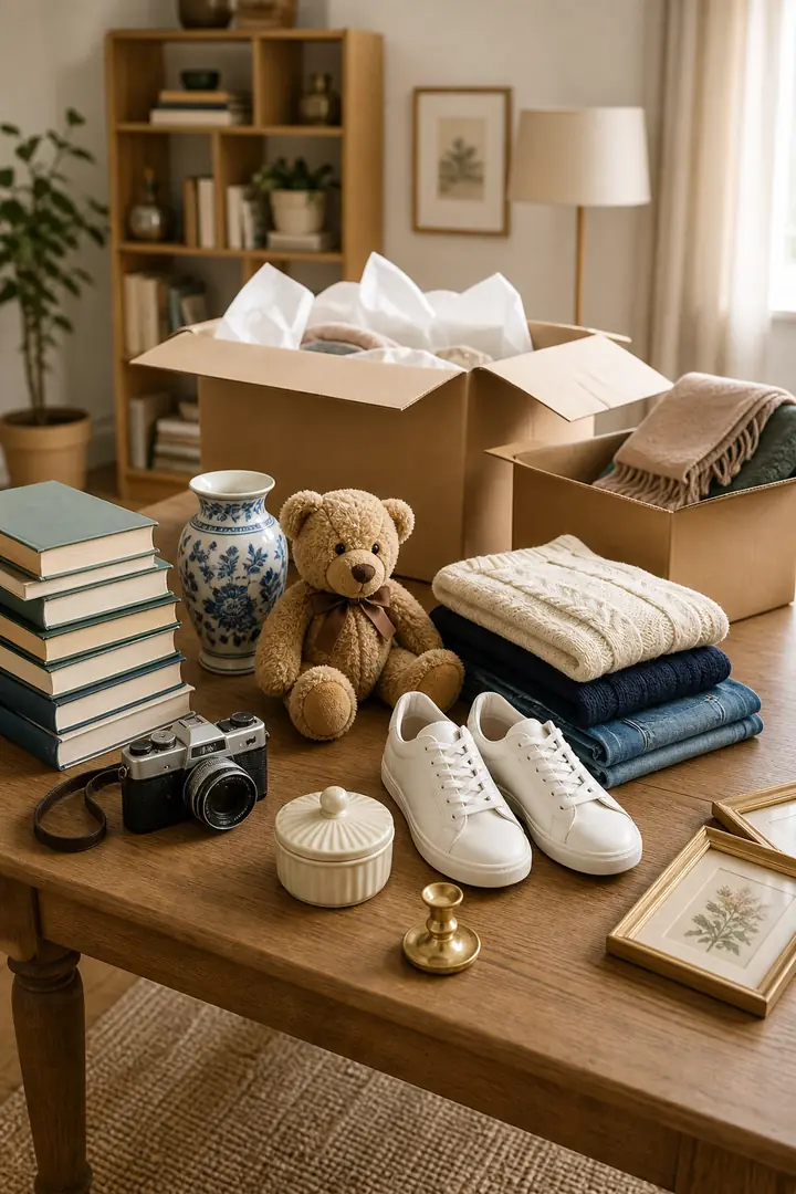 Sortierte Sachen aus einer Haushaltsauflösung: Bücher, Kleidung, Schuhe, Spielzeug, Deko und gepackte Boxen