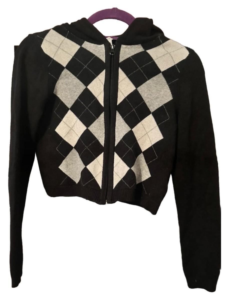 SUBDUED Damen Strickjacke Schwarz Argyle Kapuze one size Casual