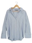 Vorschaubild 1 von Hemdbluse Damen Gr. 38/M Blau Baumwolle Gestreift Casual Langarm Knopf
