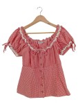 Vorschaubild 1 von Trachtenbluse Damen Gr. 38 Karo Rot Off Shoulder