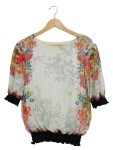 Vorschaubild 1 von T-Shirt Damen Gr. 36/S Weiß Viskose Blumenmuster Bohemian Halbarm