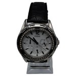 Vorschaubild 1 von Damenuhr Silber Strassbesatz schwarzes Lederarmband Multifunktion