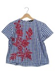 Vorschaubild 1 von Damen Bluse Kariert Stickerei Blau Gr. 38 M Kurzarm Casual