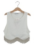 Vorschaubild 1 von Damen Top Weiß Gr. 34 XS Cropped Rippstrick Strass Fransen Party