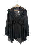 Vorschaubild 1 von Bluse Schwarz Pünktchen Rüschen V-Ausschnitt Langarm Gr. 34