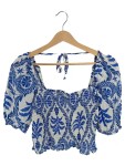Vorschaubild 1 von Bluse Blau Weiß Blumenmuster Puffärmel Smocked Gr. 36