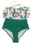 Vorschaubild 1 von Bikini Blumenmuster Rüsche Hoher Bund Grün Gr. 38