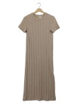 Vorschaubild 1 von Strickkleid Damen Gr. S Beige gerippt Midikleid mit Schlitz Kurzarm Casual