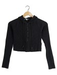 Vorschaubild 1 von Kapuzenpullover Damen Gr. 34 XS Schwarz Rippstrick Kapuze Reißverschluss