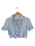 Vorschaubild 1 von Bluse Damen Kurzarm Gestreift Blau Leinen Mix Knopf Gr. 32 XXS