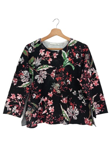 OUI Damen Pullover 3/4 Arm Blumenmuster Streifen Schwarz Baumwolle