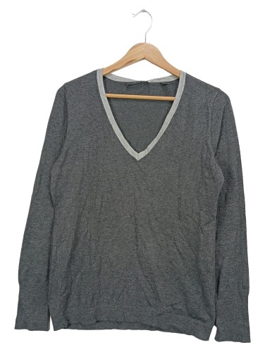 ESPRIT Damen Pullover 42/XL Grau Basic Casual Rippstrick V