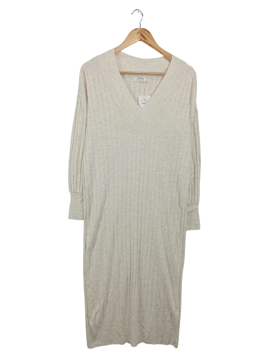 Damen Strickkleid Beige Gr. 34/XS Rippstrick V-Ausschnitt Midikleid Casual