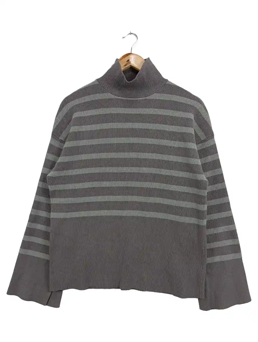 Damen Pullover Grau Gestreift Rippstrick Rollkragen Gr. 36/S