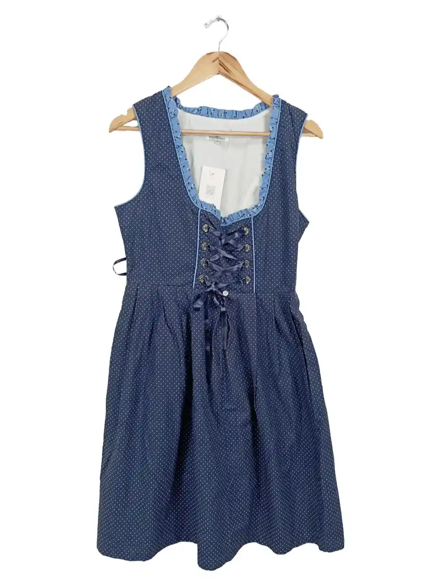 WALDSCHÜTZ Dirndl Trachtenkleid A-Linie 42 XL Blau Punkte Rüschen Schleife