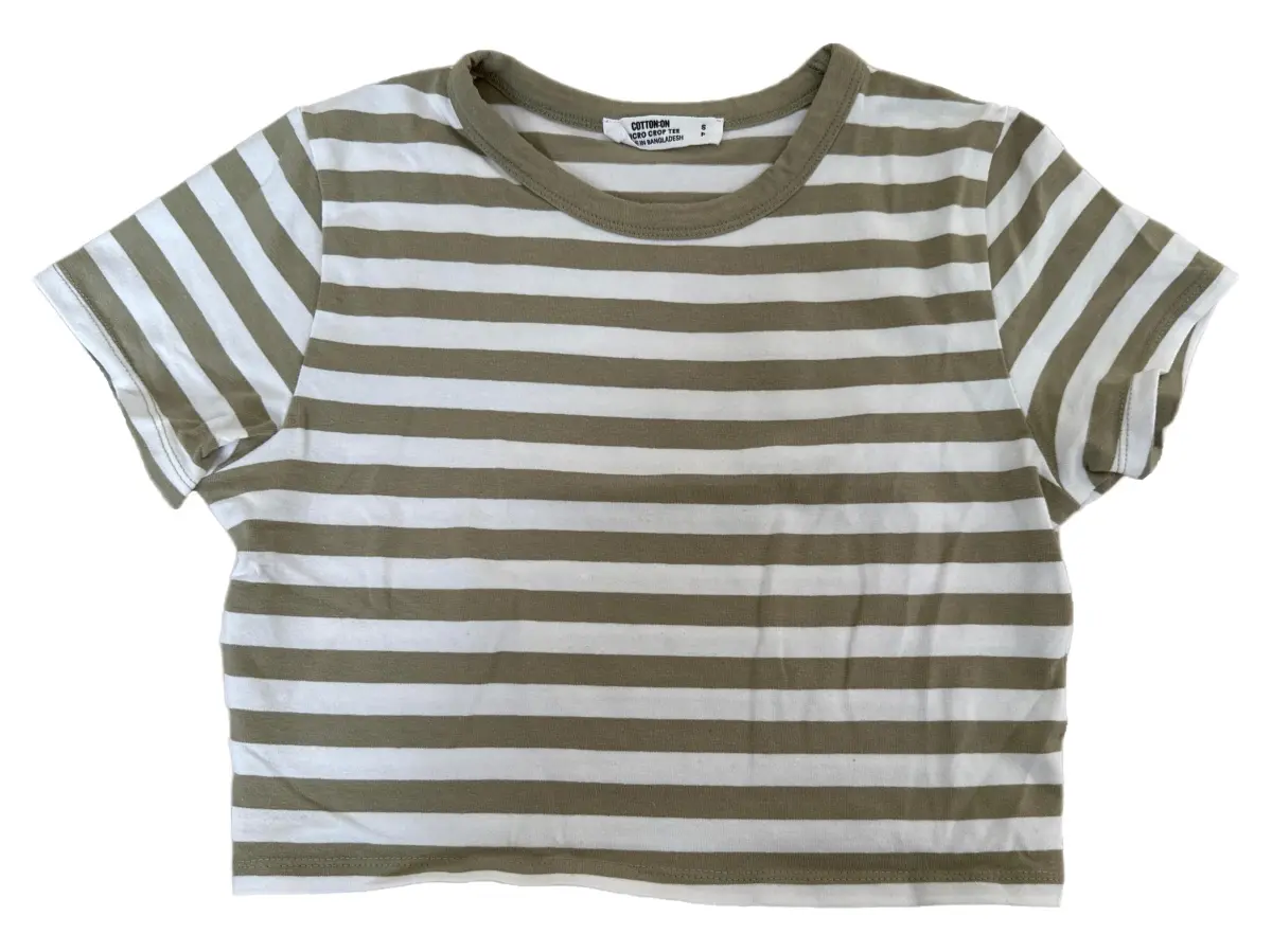 Damen T-Shirt 36/S Oliv gestreift Casual Micro Crop Tee