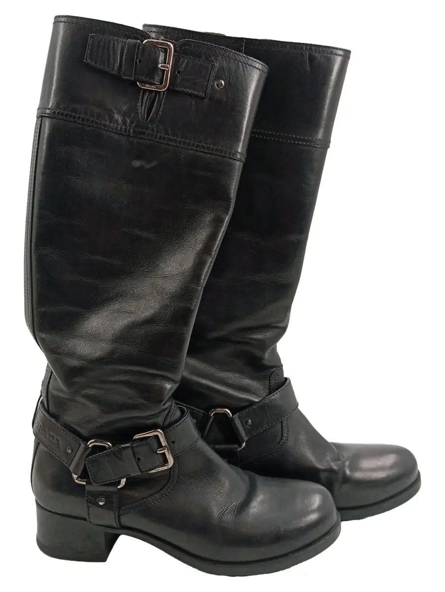 Biker Boots Damen Leder Schnallen Luxus Schwarz Gr. 36