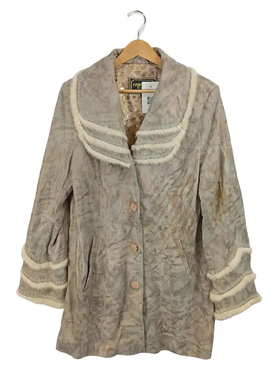 Leder Haus Damen Ledermantel Gr. 38 Beige Vintage Fellbesatz Stickerei