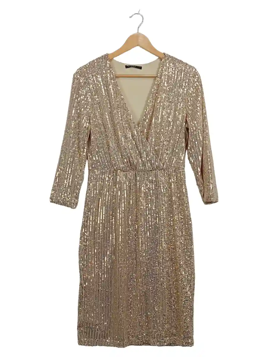 Damen Abendkleid Pailletten Gold V-Ausschnitt 3/4-Arm Gr. 38