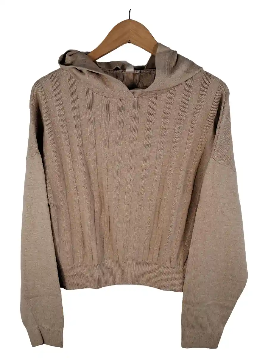 Kapuzenpullover Damen Beige Gr. 38/M Baumwolle Rippstrick Casual Alltag