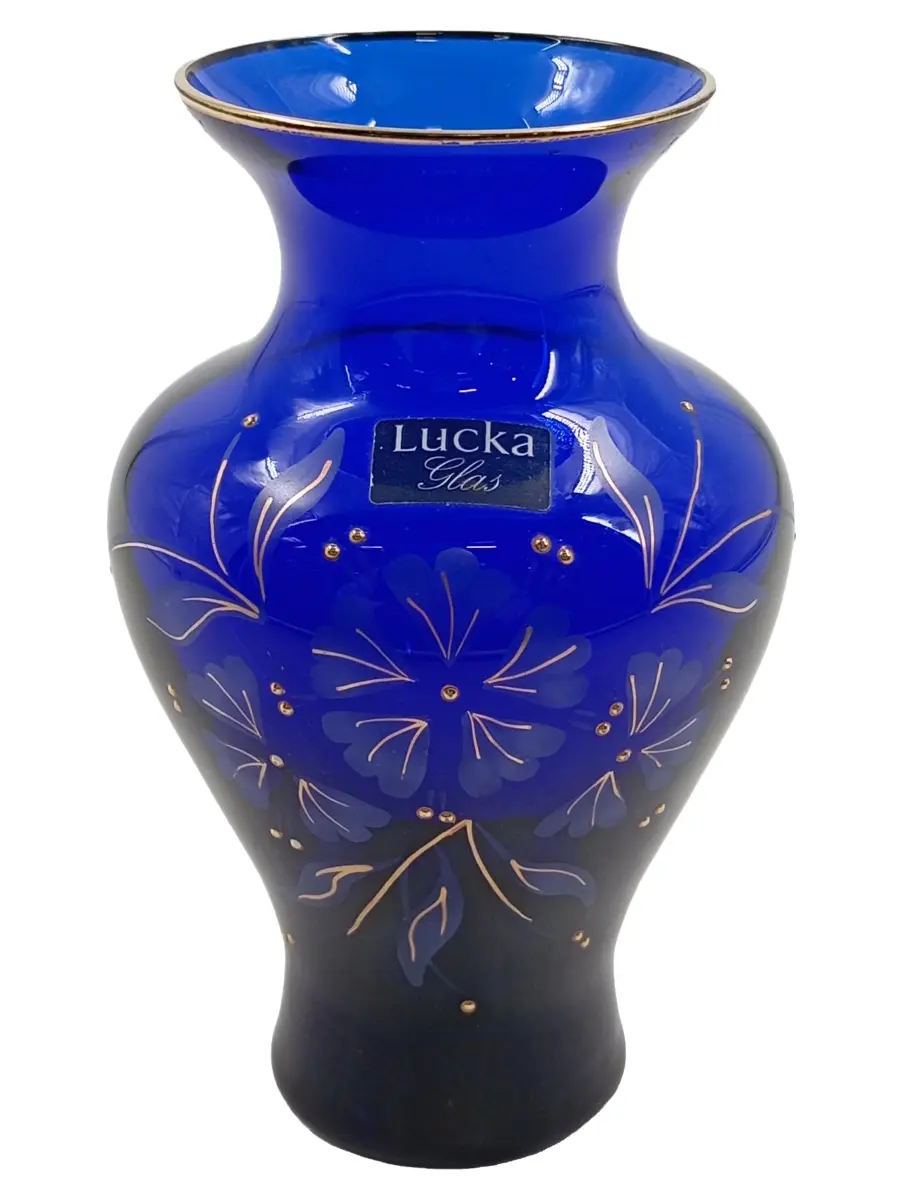 LUCKA GLAS Vase Blau Bauchig Blumen Blumenmuster Vintage…