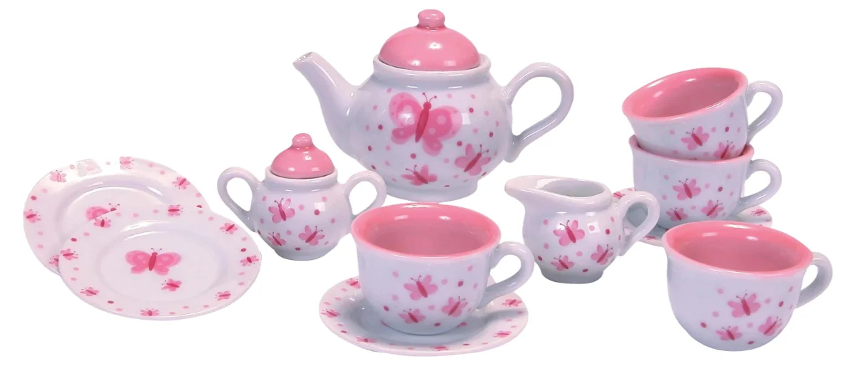 Puppengeschirr 13-teilig Teeservice Pink Butterfly Tea Set