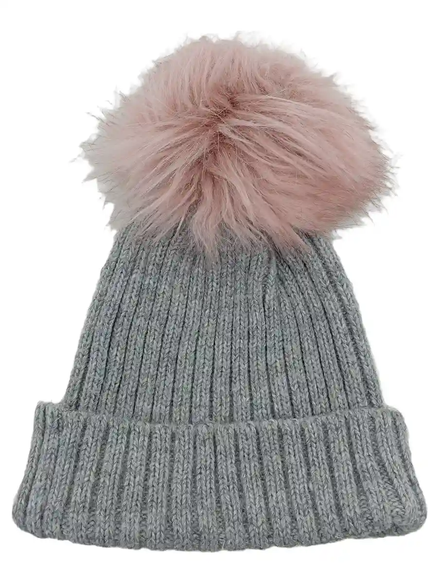 Mütze Strickmütze Beanie Bommel Rosa Grau Polyacryl Meliert Sportlich