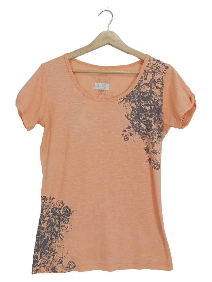 T-Shirt Damen Orange Gr. 36/S Grafisch Casual Kurzarm Freizeit Logo-Print
